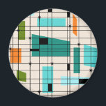 Retro Grid & Starbursts Round Magnet<br><div class="desc">This Retro Grid and Starbursts Round Magnet is where vintage style meets modern day. It features a cream coloured background with kitschy, off kilter squares and rectangles in teal, turquoise, This light blue, orange, and avocado green. The whimsical blocks of colour are overlayed are worked into some of the grid...</div>