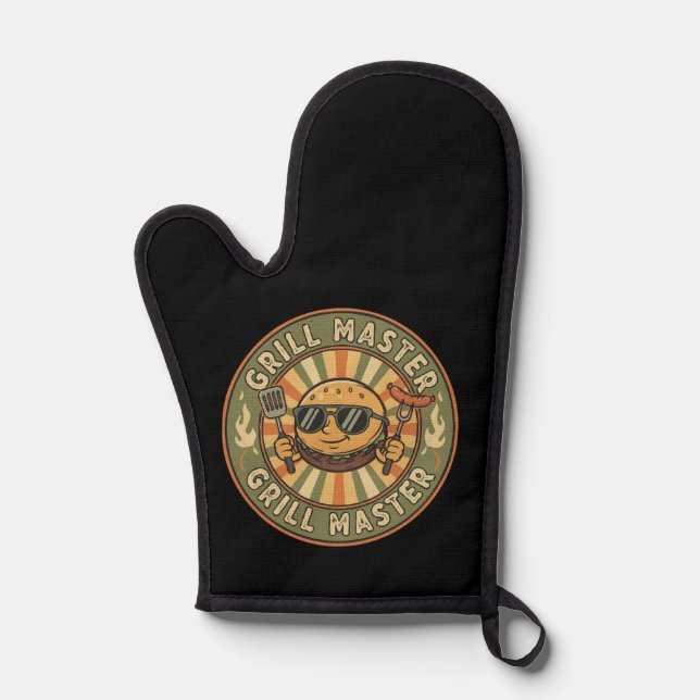 Retro Grill Master Burger Character BBQ King Vinta Oven Mitt (Front)