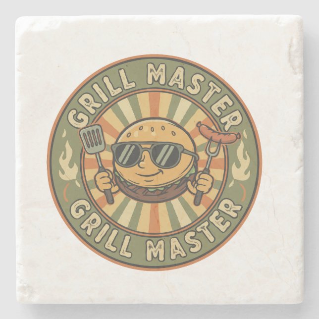 Retro Grill Master Burger Character BBQ King Vinta Stone Coaster (Front)