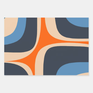 Retro Groove Abstract Pop Pattern Blue and Orange Wrapping Paper Sheet