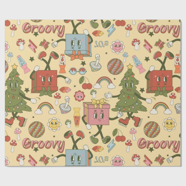retro groovy 1970s disco christmas tree wrapping paper (Flat)