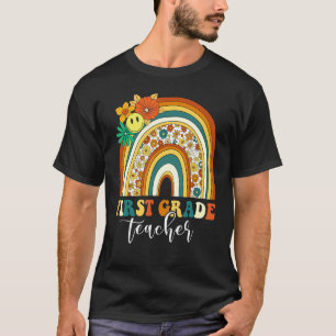 Retro Groovy 1st First Grade Teacher Rainbow Back T-Shirt