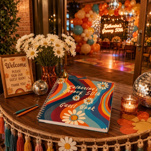 Retro Groovy 50th Birthday Custom Name Guest Book (Creator Uploaded)