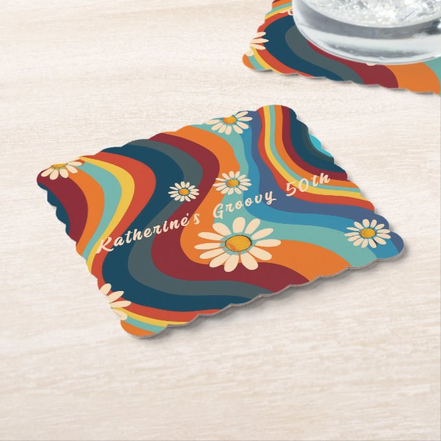 Retro Groovy 50th Birthday Custom Name Paper Coaster (Angled)