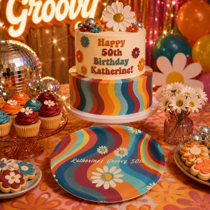 Retro Groovy 50th Birthday Custom Name Paper Plate
