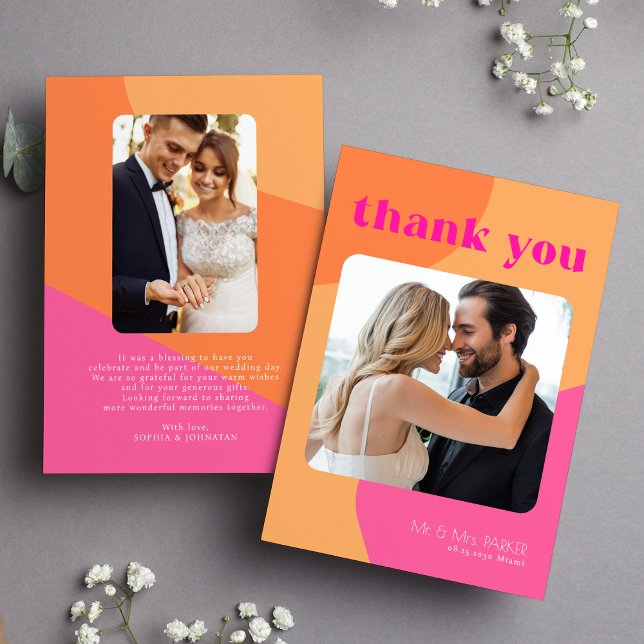 Retro groovy 70's 2 photo pink orange wedding thank you card (Creator Uploaded)