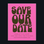 Retro Groovy 70s Bold Hot Pink Green Save The Date Postcard<br><div class="desc">Retro Groovy 70s Bold Hot Pink and Dark Green Save the Date Postcard</div>