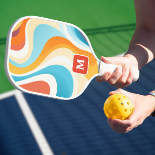 Retro Groovy 70s Colourful Monogram Initial Pickleball Paddle