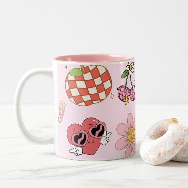 Retro Groovy 70s Cute Doodle Pattern Two-Tone Coffee Mug (With Donut)
