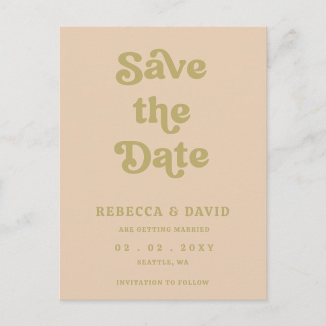 Retro Groovy 70s Cute Green Save The Date Announcement Postcard (Front)