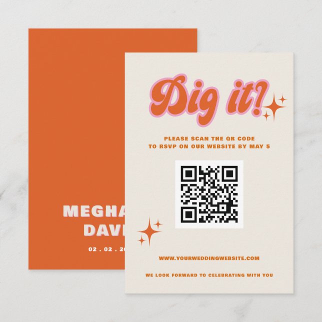 Retro Groovy 70s Cute Ivory Orange Pink QR Code RSVP Card (Front/Back)
