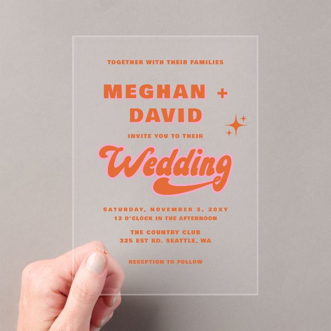 Retro Groovy 70s Cute Ivory Orange Pink Wedding Acrylic Invitations (Insitu (Handheld))