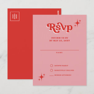 Retro Groovy 70s Cute Pink and Red RSVP Postcard