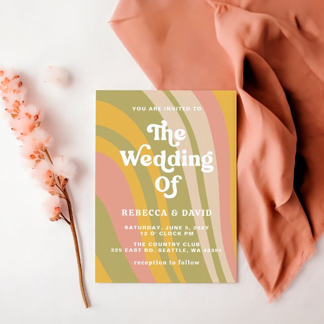 Retro Groovy 70s Cute Pink Green Yellow Wedding Invitation (Retro Groovy 70s Cute Pink Green Yellow Wedding Invitation)