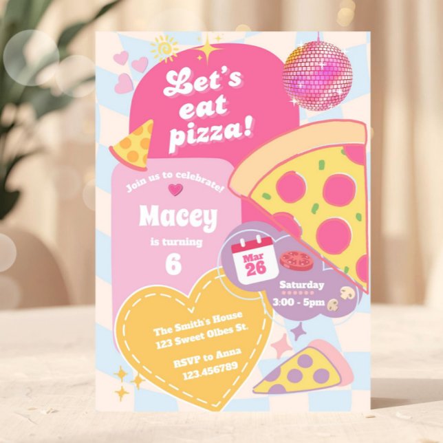 Retro Groovy 70s Disco Girl Pizza Party Colourful  Invitation (Creator Uploaded)