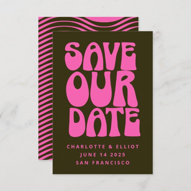 Retro Groovy 70s Hot Pink and Dark Green Save The  Save The Date (Front/Back)