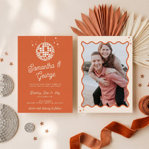 Retro Groovy 70s Ivory Orange Photo Disco Wedding Invitation