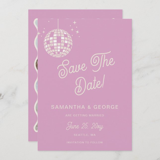 Retro Groovy 70s Ivory Pink Disco Photo Save The Date (Front/Back)