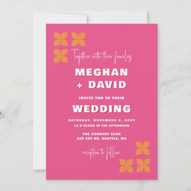 Retro Groovy 70s Pattern Pink Orange Wedding  Invitation (Front)