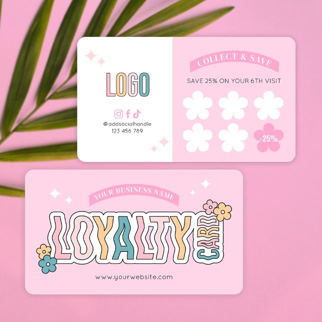 Retro Groovy 70s Pink Aesthetic Nails Salon Logo Loyalty Card (Groovy Retro Pink Aesthetic Business Stamp Cards with space for your logo and rewards offer)