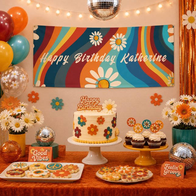 Retro Groovy 70's Rainbow Daisy Birthday  Banner (Creator Uploaded)
