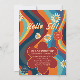Retro Groovy 70's Rainbow Daisy Birthday Invitation