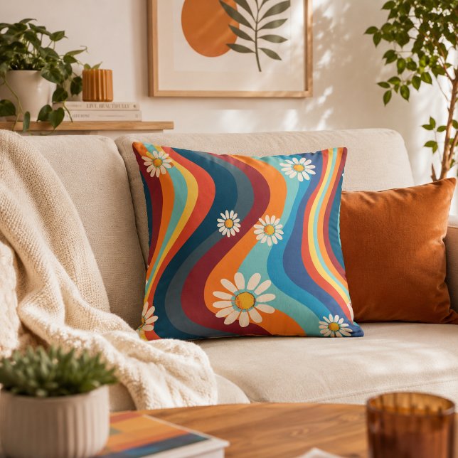 Retro Groovy 70's Rainbow Daisy  Cushion (Creator Uploaded)