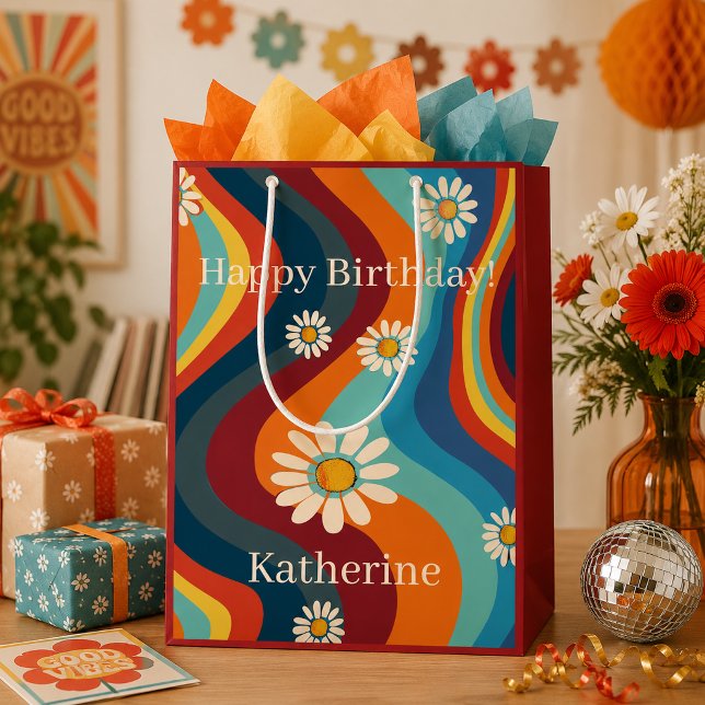 Retro Groovy 70's Rainbow Daisy Custom Name Medium Gift Bag (Creator Uploaded)
