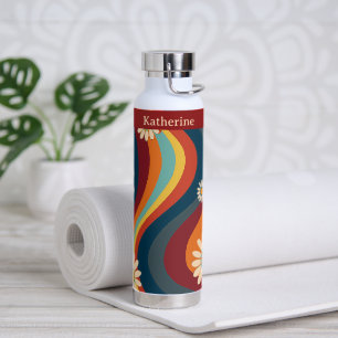 Retro Groovy 70's Rainbow Daisy Custom Name Water Bottle