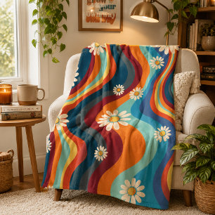 Retro Groovy 70's Rainbow Daisy Fleece Blanket