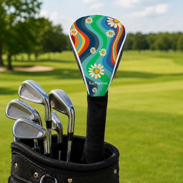 Retro Groovy 70's Rainbow Daisy Name Golf Head Cover (Creator Uploaded)