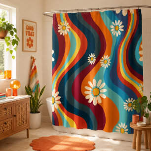 Retro Groovy 70's Rainbow Daisy  Shower Curtain