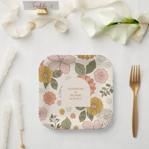 Retro Groovy 70's Themed Muted Tones Wedding  Paper Plate