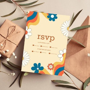 Retro Groovy 70's Themed Muted Tones Wedding RSVP 