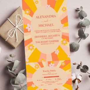 Retro Groovy 70's Themed orange yellow Wedding All In One Invitation