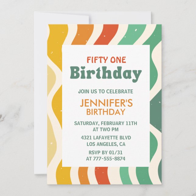 Retro Groovy 70s Wavy 51st birthday Invitation (Front)
