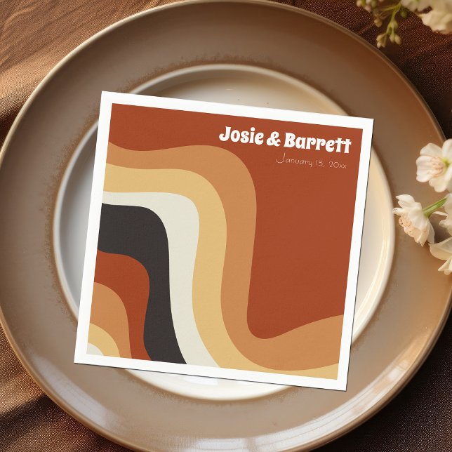 Retro Groovy 70s Wavy Orange Brown Funky Wedding Napkin (Creator Uploaded)