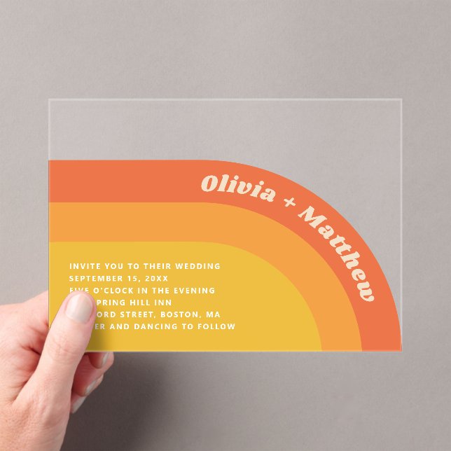 Retro Groovy 70s Wedding | Boho Sunset Transparent Acrylic Invitations (Insitu (Handheld))