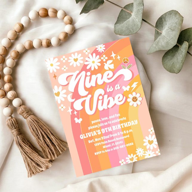 Retro Groovy 9th Birthday Invitation (Creator Uploaded)