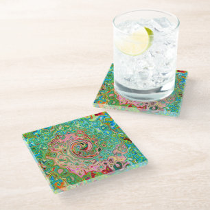 Retro Groovy Abstract Colourful Rainbow Swirl Glass Coaster