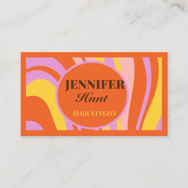 Retro Groovy Abstract Wavy QR code Social Media  Business Card (Front)