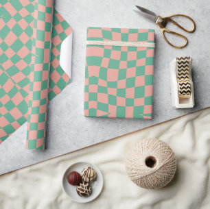 retro groovy aqua pink wavy checkered  wrapping paper