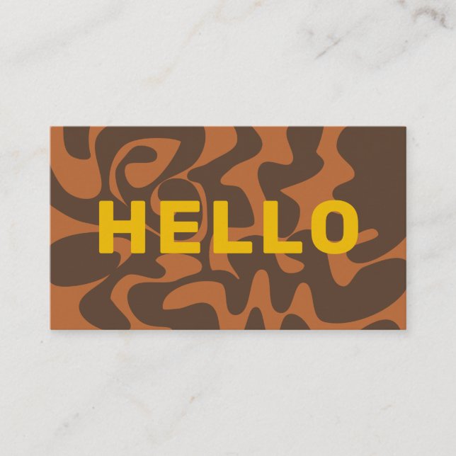 Retro Groovy Art Hello Mustard Yellow Brown Tan Business Card (Front)