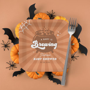 Retro Groovy Baby Is Brewing Halloween Baby Shower Paper Plate