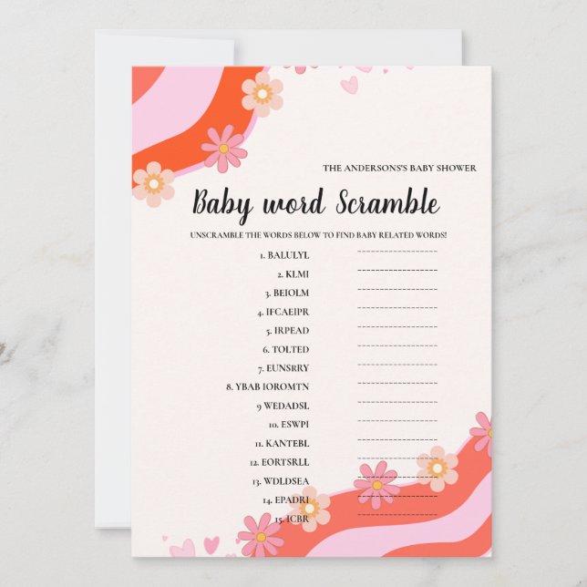 Retro Groovy Baby scramble word Baby shower game Card (Front)