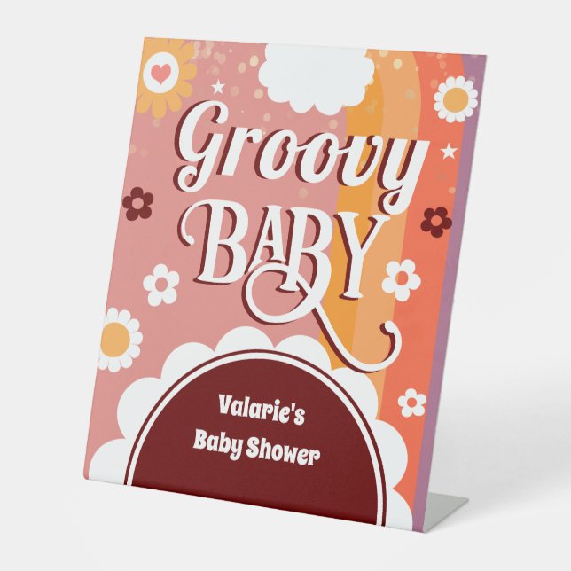 Retro Groovy Baby Shower Pedestal Sign (Front)
