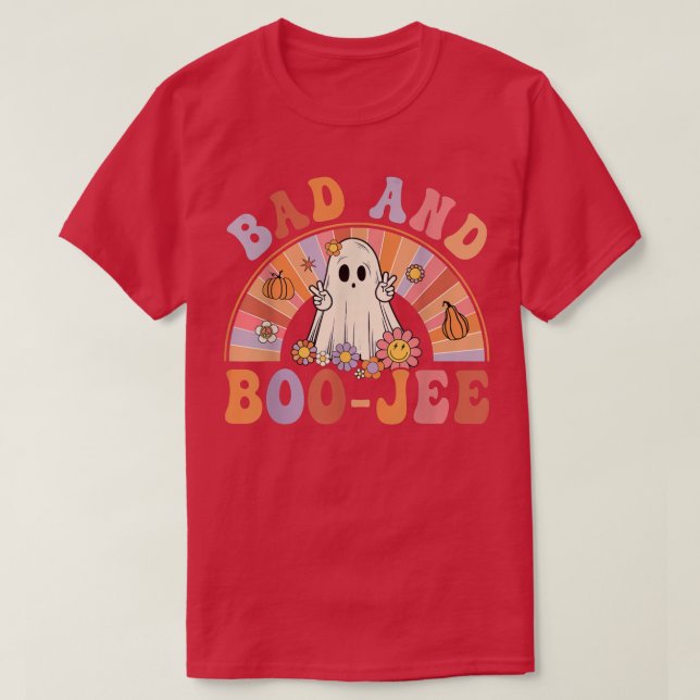 Retro Groovy Bad And Boo-Jee Floral Ghost Hallowee T-Shirt (Design Front)