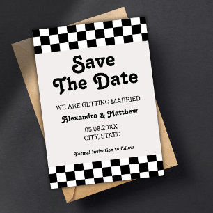 Retro Groovy Black And White Chequered Save The Date