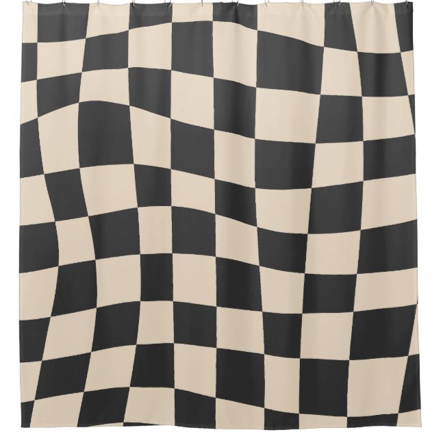 Retro Groovy Black Cream wavy checkered Pattern Shower Curtain (Front)
