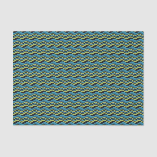 Retro Groovy Blue Green Grey Sea Waves Pattern Tissue Paper (Front)
